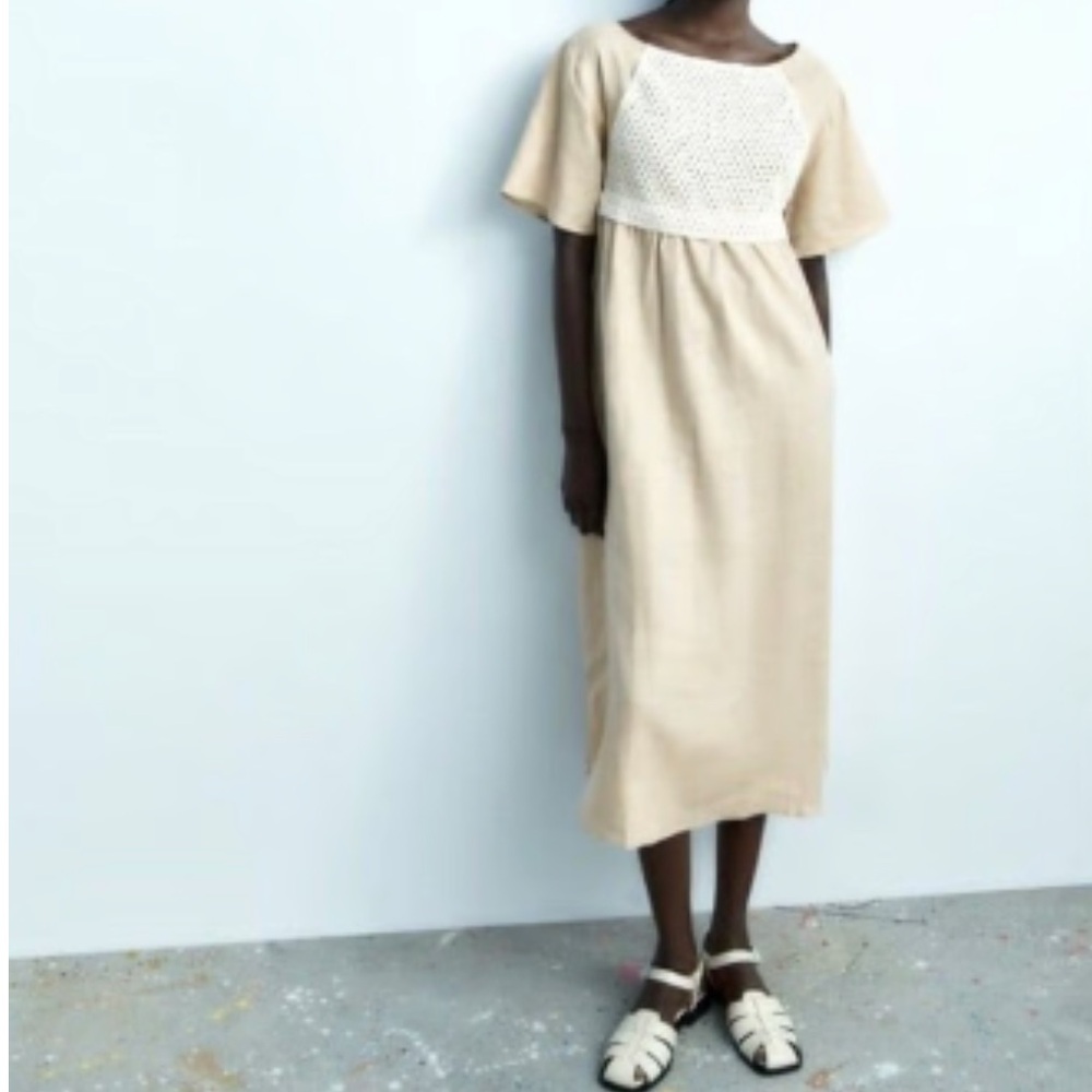 Zara Linen Crochet Beige Midi Dress